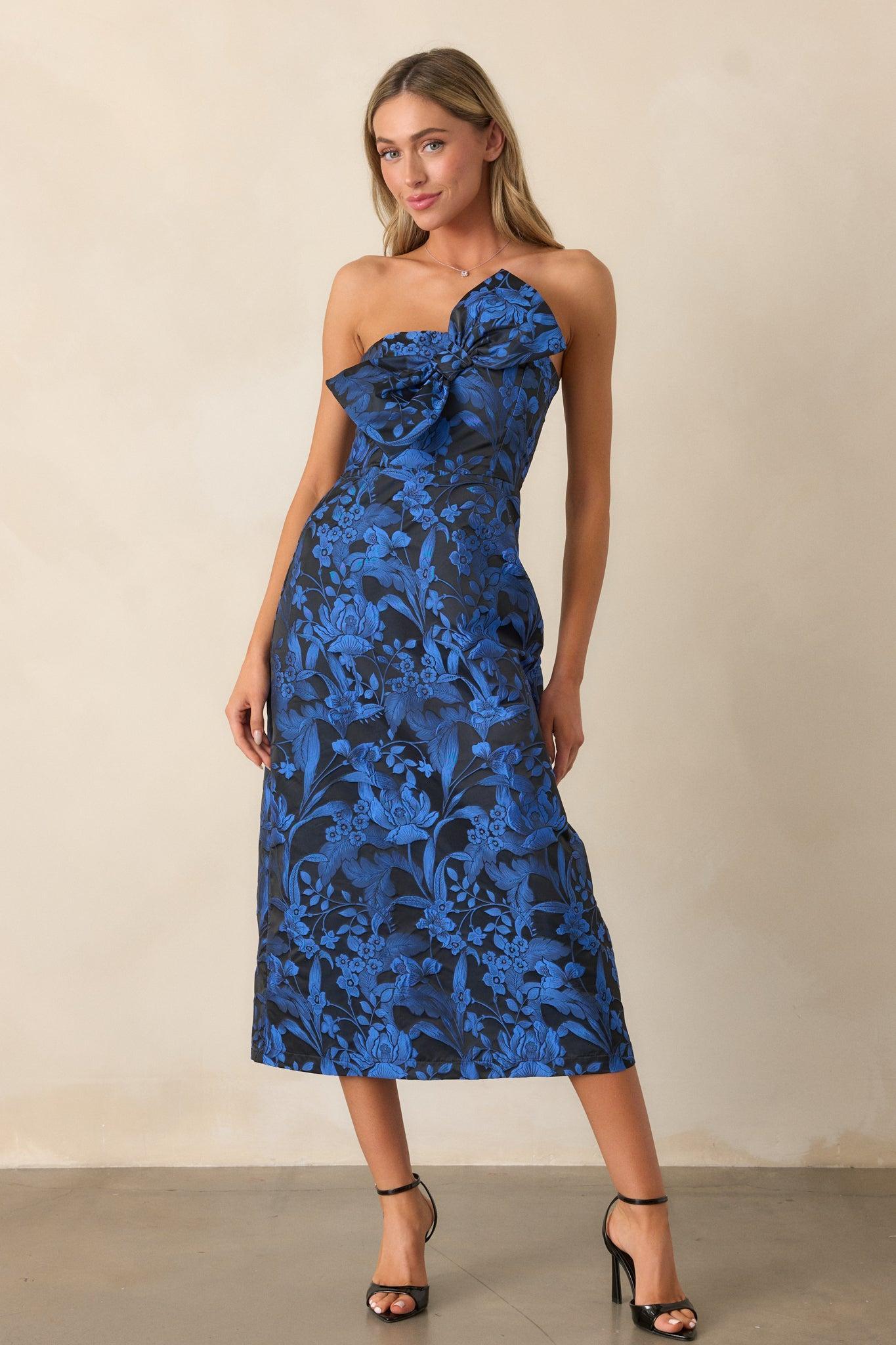 You're Electric Midnight Blue Jacquard Strapless Midi Dress Product Image