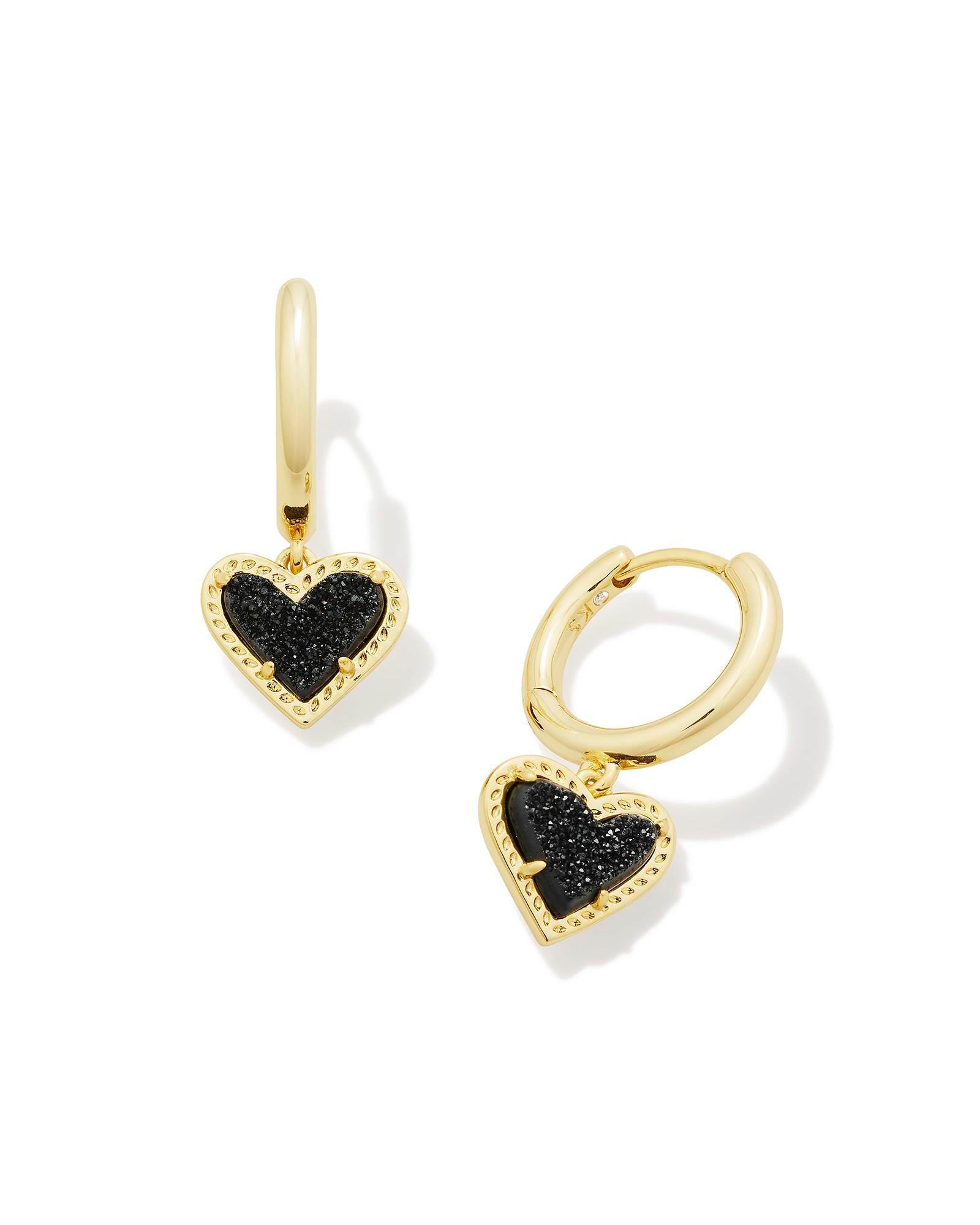 Ari Heart Gold Huggie Earrings in Black Drusy Product Image