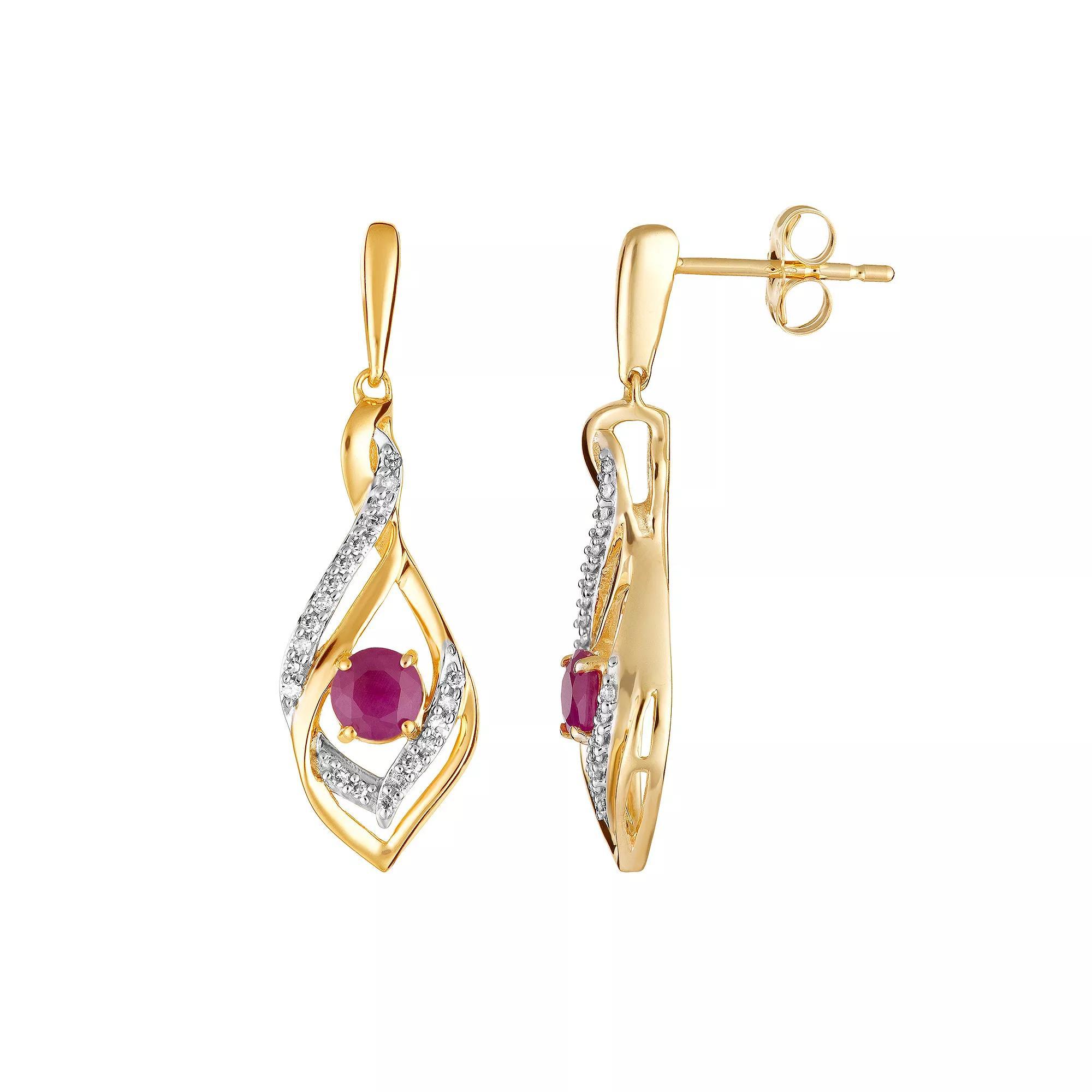 10k Gold Ruby & 1/8 Carat T.W. Diamond Drop Earrings, Women's Product Image