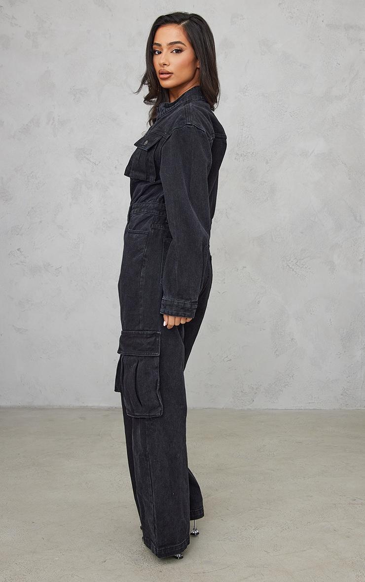 Petite Black Denim Cargo Wide Leg Jumpsuit Product Image