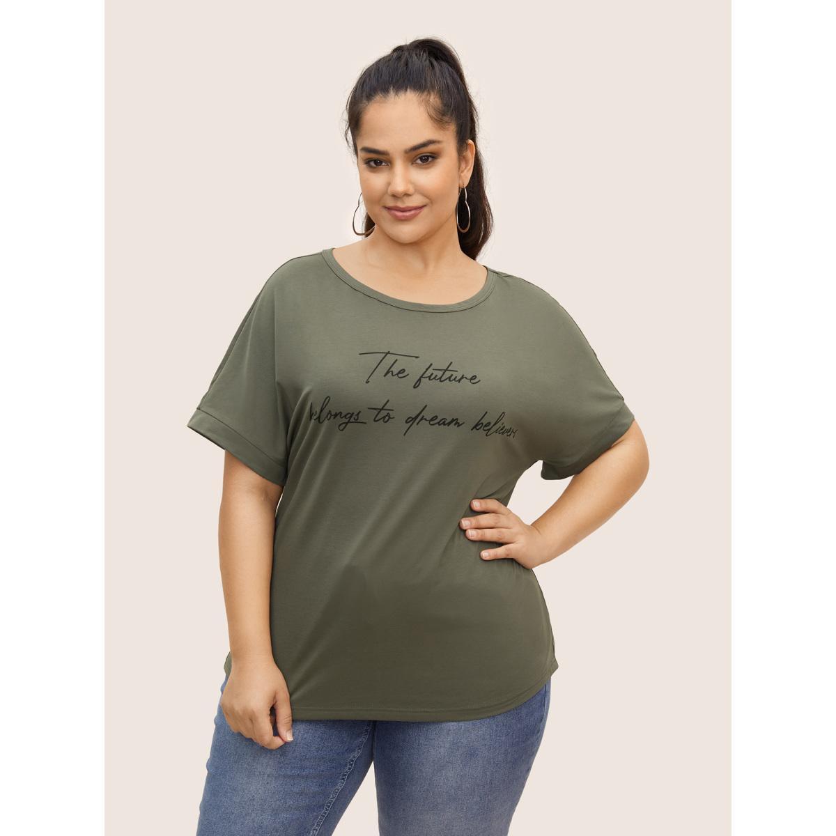 Plus Size Letter Print Dolman Sleeve Curved Hem T-shirt ArmyGreen Women Casual Contrast Round Neck Everyday T-shirts BloomChic 14-16/1X Product Image