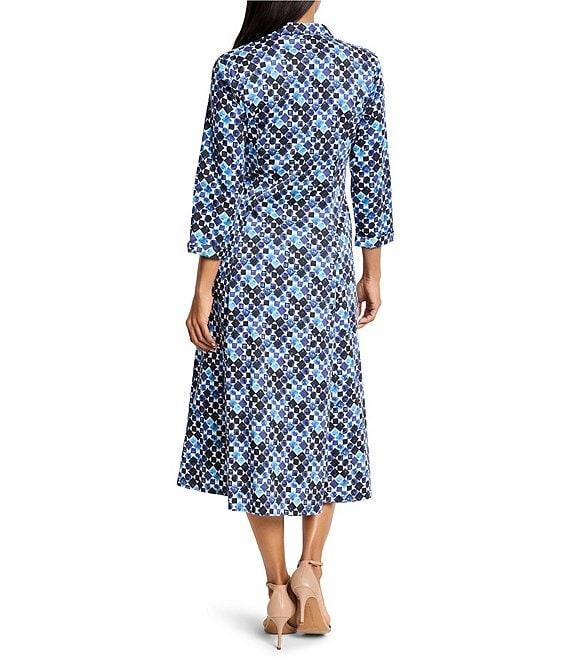 NIC + ZOE Blue Bauble Print Front Button Collar 3/4 Sleeve Shirt Midi Dress Product Image