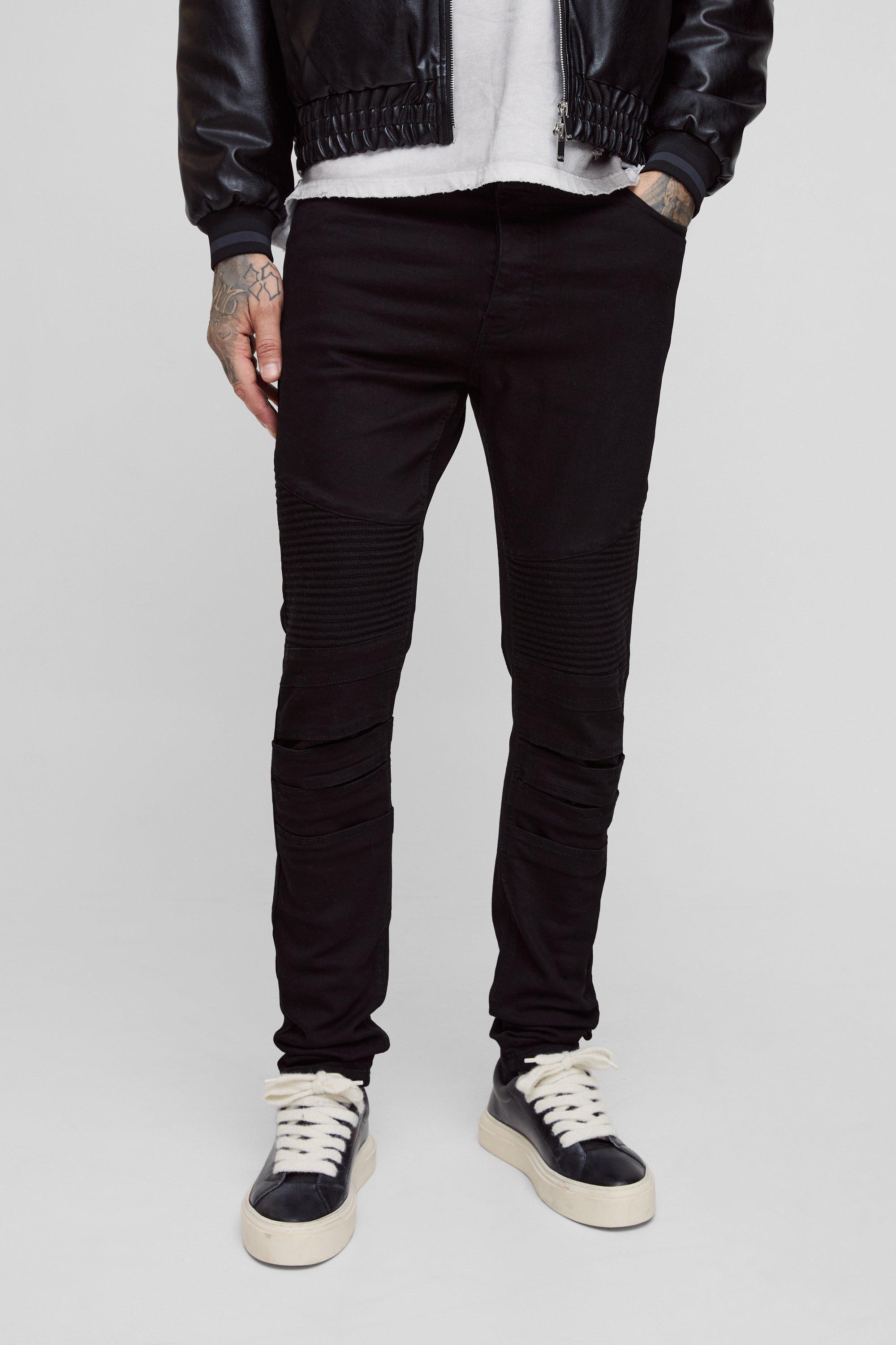 Tall Skinny Biker Panel Jeans in True Black | boohooMAN USA Product Image