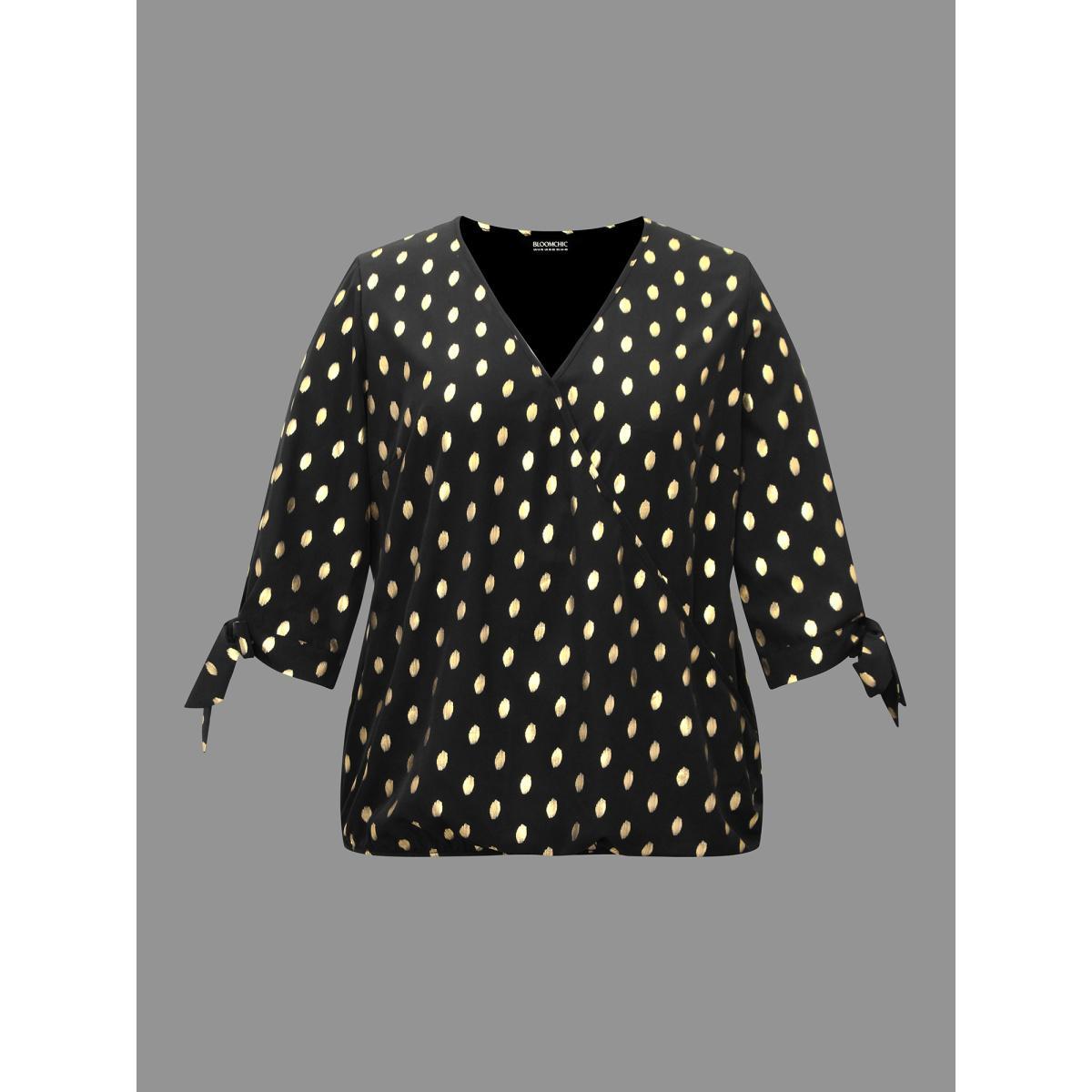 Plus Size Black Glitter Overlap Collar Tie Knot Blouse Women Cocktail Elbow-length sleeve Overlap Collar Party Blouses BloomChic 28/5X Product Image