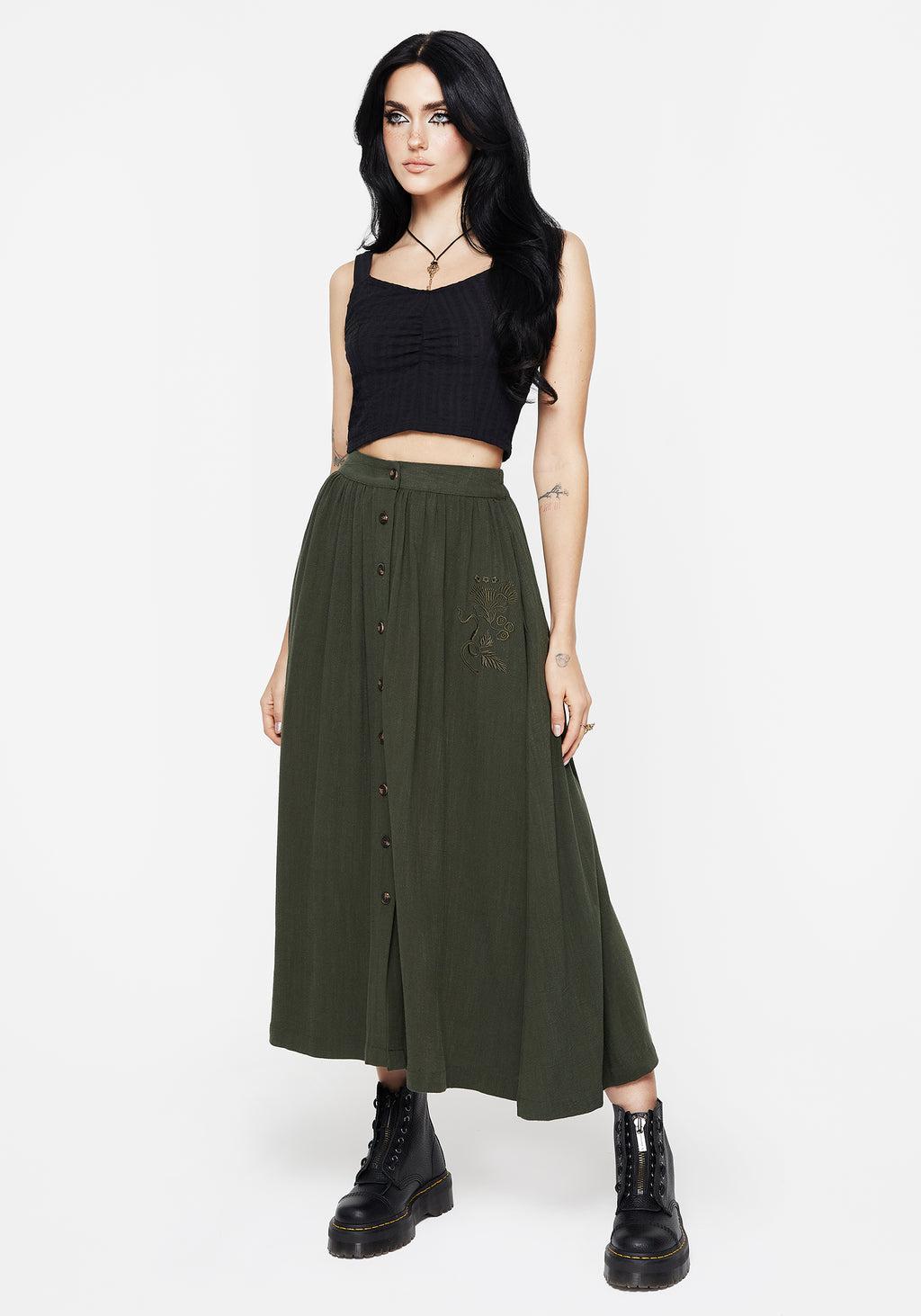 Foliate Linen-Blend Embroidered Button Up Midaxi Skirt - Green Product Image