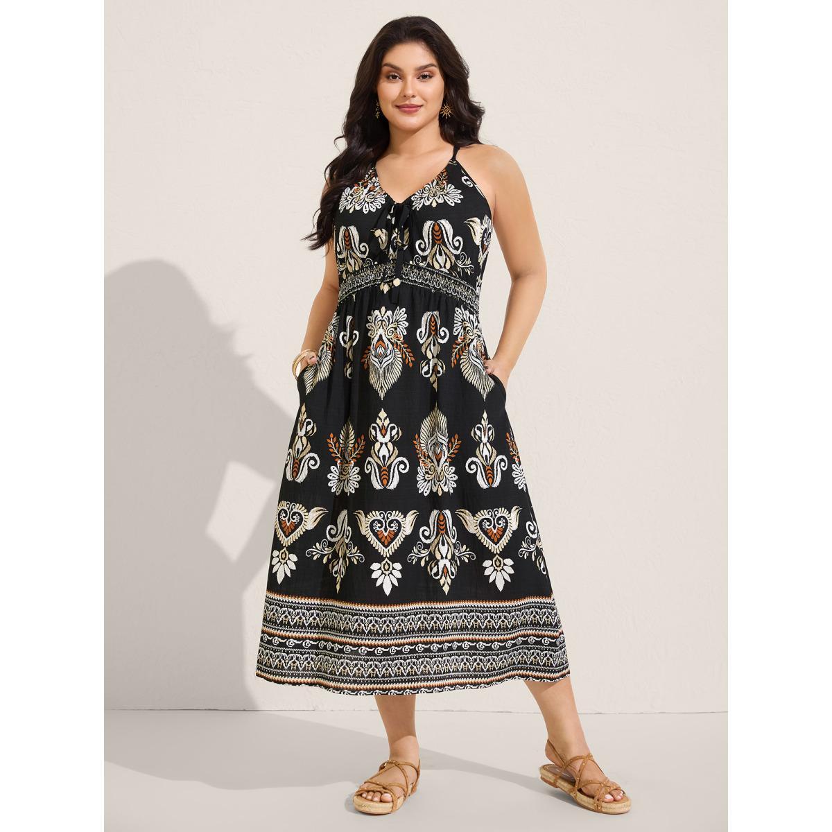 Plus Size Boho Print Pockets Cinched-Waist Midi Dress Black Women V-neck Sleeveless Curvy BloomChic 18-20/2X Product Image