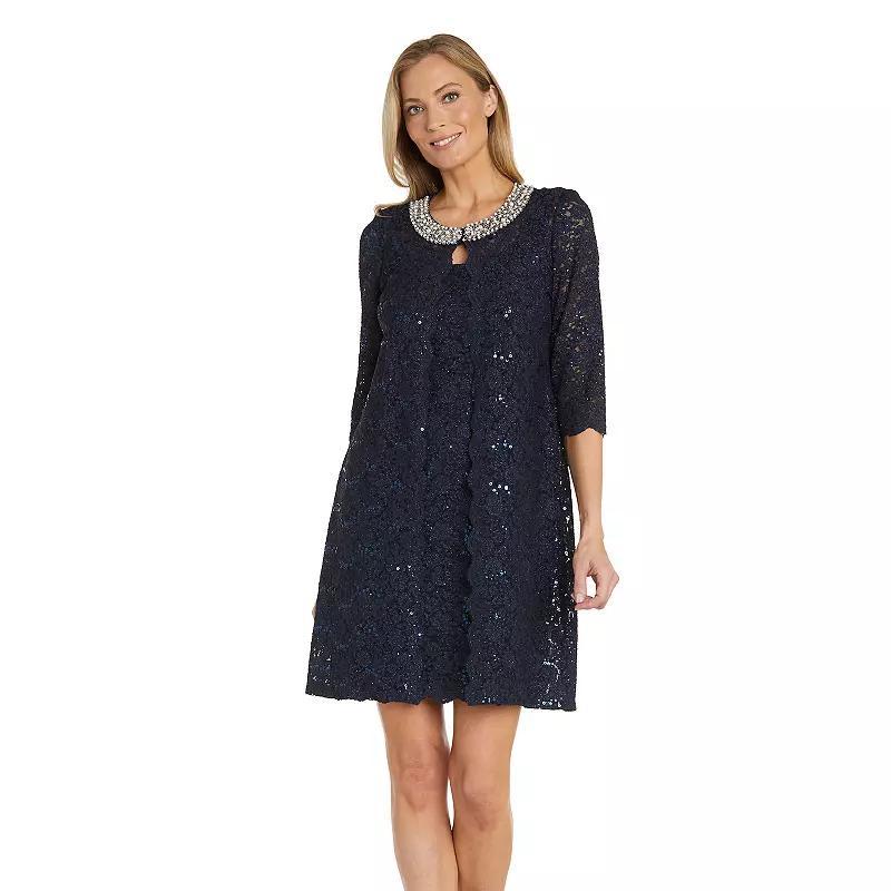 Petite R&M Richards Beadneck Lace Duster Jacket & Mini A-Line Dress Set, Womens Blue Product Image