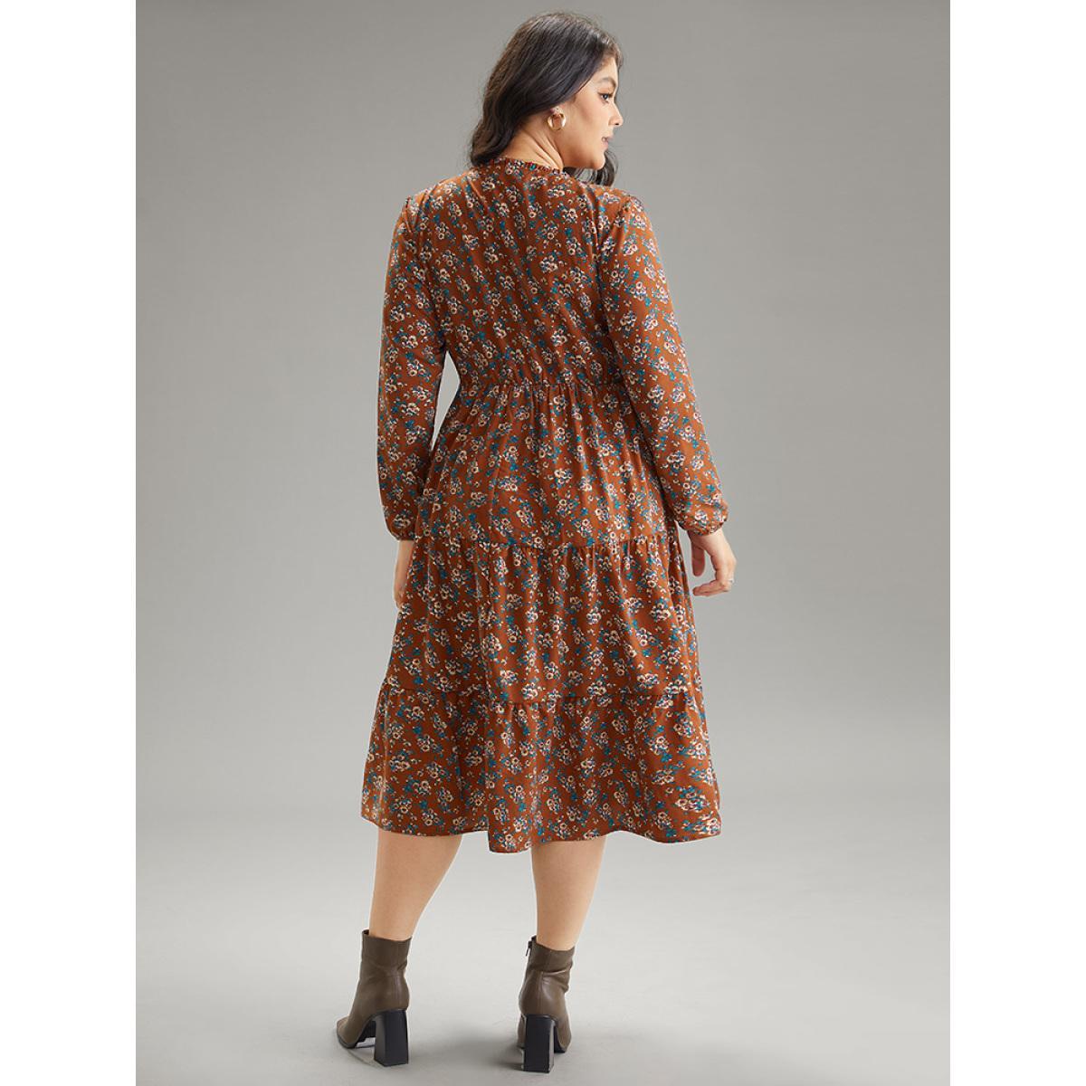 Plus Size Ditsy Floral Shirred Flutter Layered Hem Dress Rust Women Elegant Elastic cuffs V-neck Long Sleeve Curvy Midi Dress BloomChic 18-20/2X Product Image
