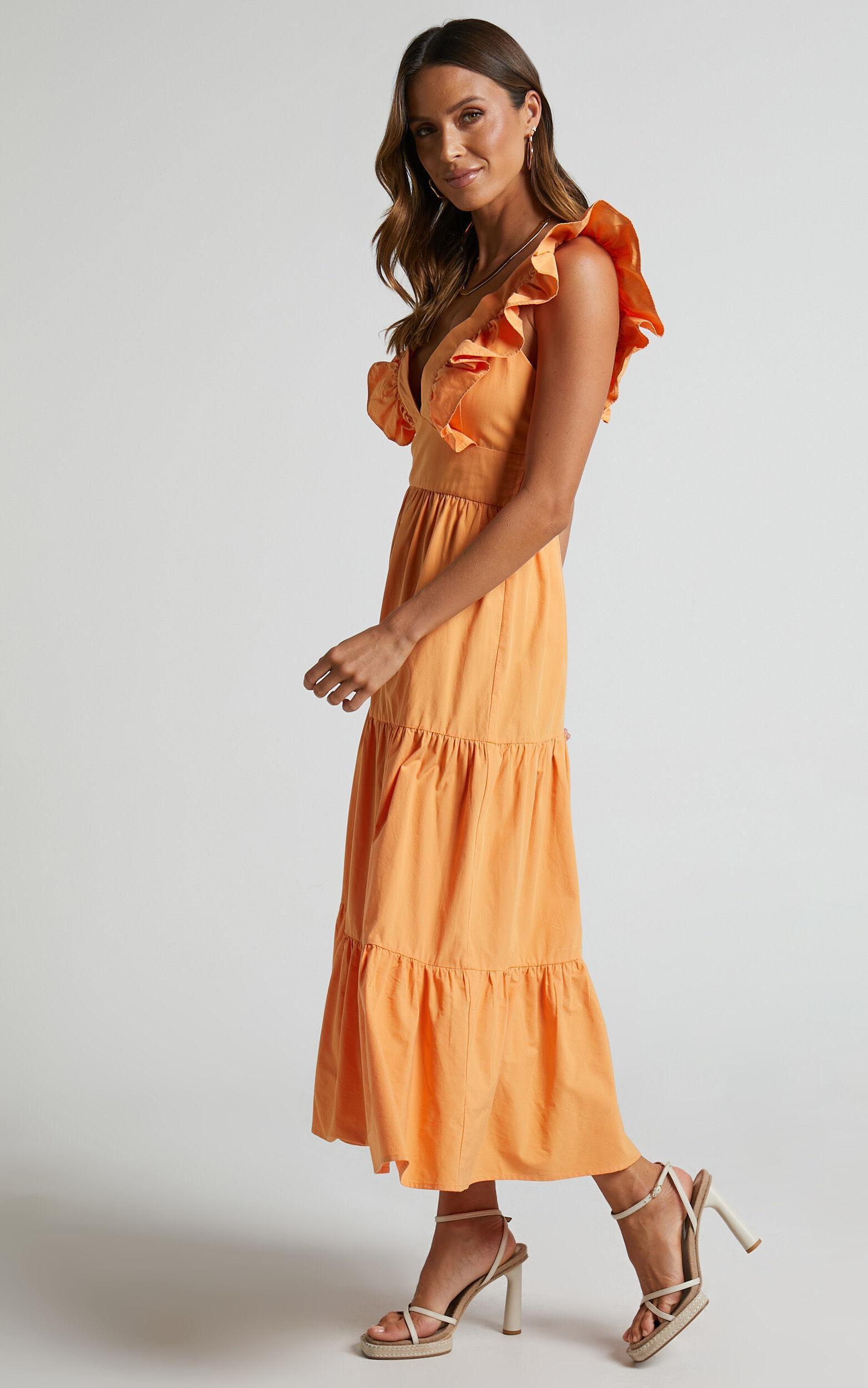 Levona Midi Dress - Ruffle Shoulder Tiered Dress in Orange Product Image