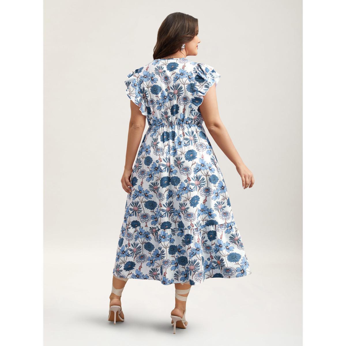 Plus Size Ruffled Floral Print Stretchy-Waist Midi Dress LightBlue Women Romantic Ruffles Round Neck Cap Sleeve Curvy BloomChic 10/M Product Image