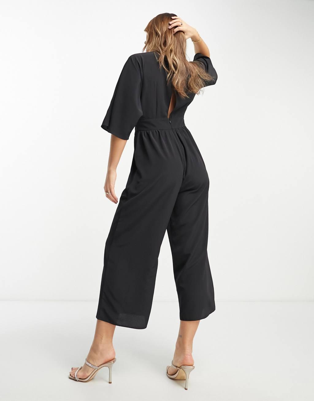 ASOS DESIGN kimono culotte jumpsuit in black Product Image