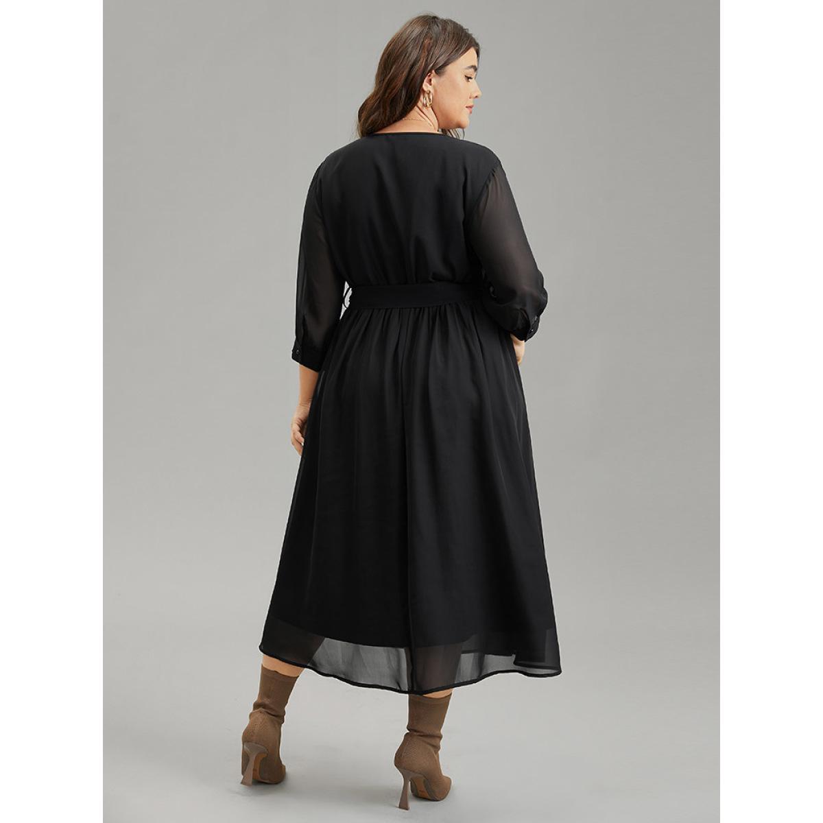 Plus Size Mesh Patchwork Belted Pleated Dress Black Women Elegant Lined V-neck Elbow-length sleeve Curvy Midi Dress BloomChic 12/L Product Image