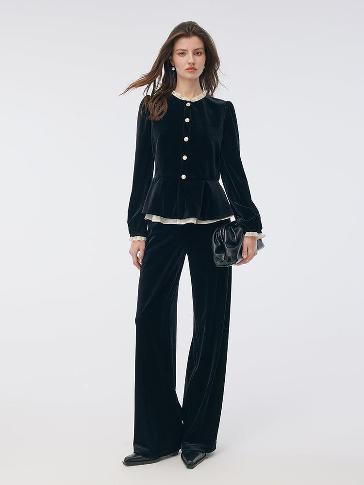 Velvet Ruffle Hem Jacket And Pants Two-Piece Set Product Image