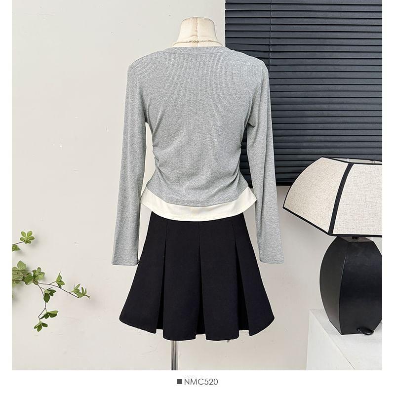 Mock Two-Piece Ruched Crop T-Shirt Product Image