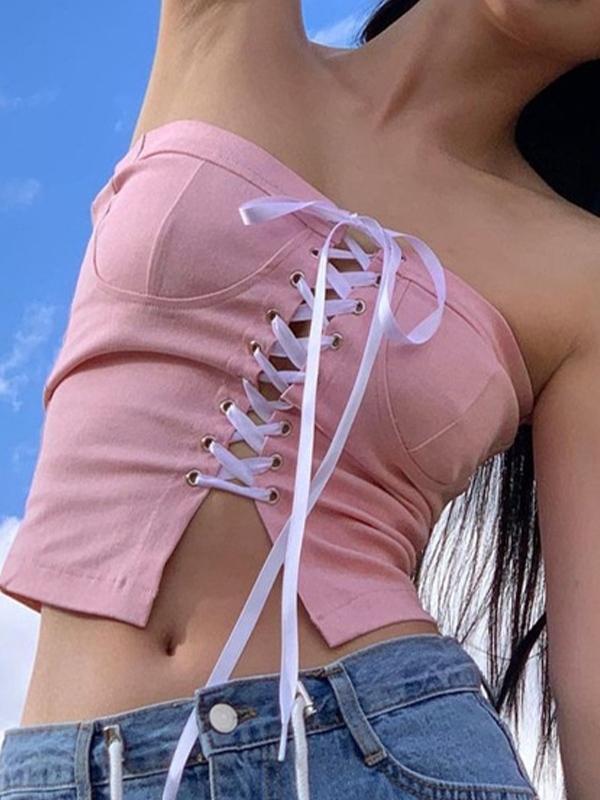 Solid Crossover Tie Up Cropped Bandeau Top Product Image