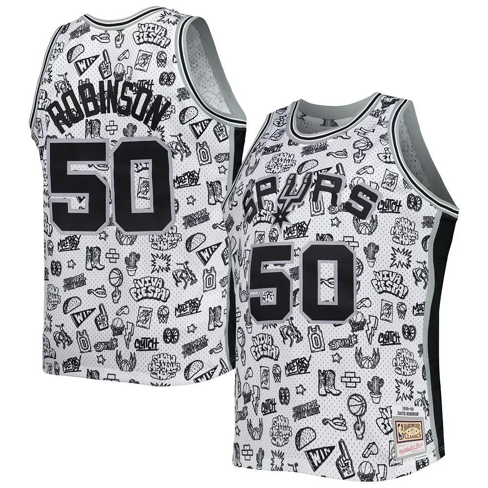 Men's Mitchell & Ness David Robinson White San Antonio Spurs 1998-99 Hardwood Classics Doodle Swingman Player Jersey, Size: Medium Product Image