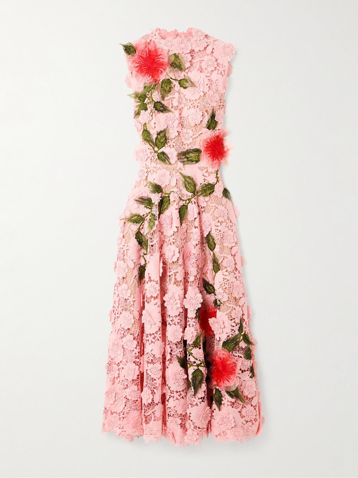 OSCAR DE LA RENTA Hibiscus Embroidered Sleeveless Floral Guipure Lace Midi Dress In Soft Pink Product Image