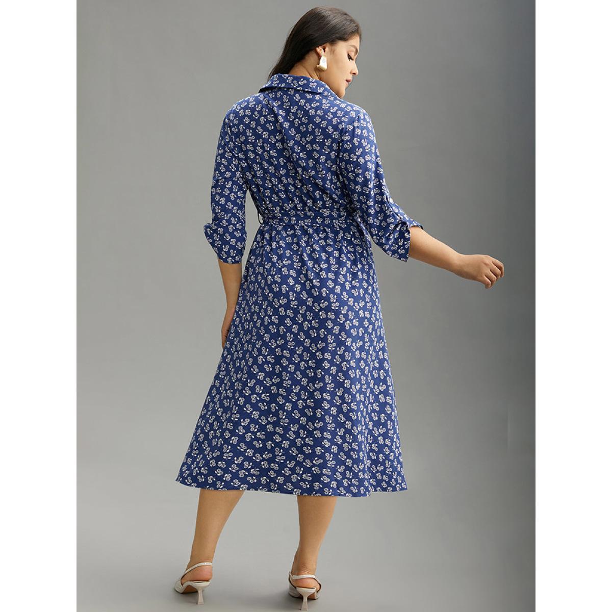 Plus Size Ditsy Floral Belted Button Through Tab Sleeve Dress Aegean Women Office Belted Shirt collar Elbow-length sleeve Curvy Midi Dress BloomChic 14-16/1X Product Image
