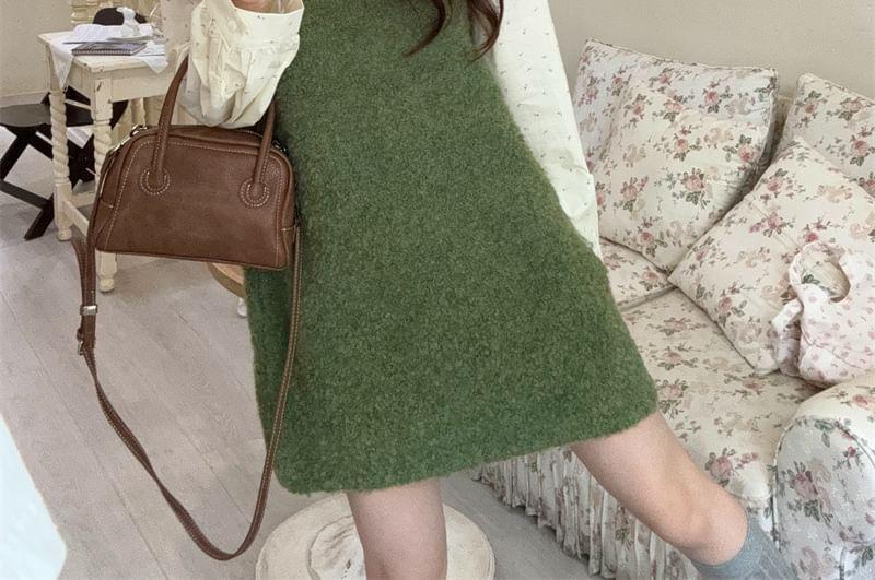 Puff-Sleeve Floral Shirt / Plain Mini Jumper Dress Product Image