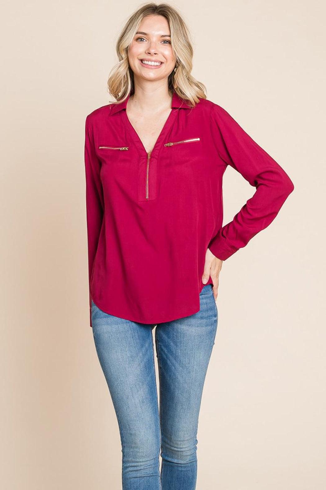 V Neck Front Zip Up Long Sleeve Top Female Product Image