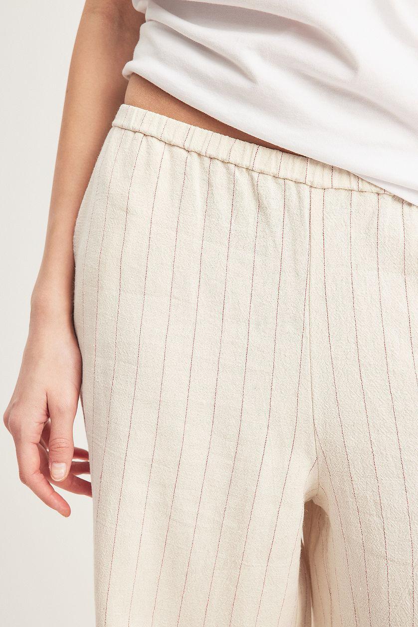 Elastic Mid Waist Linen Blend Pants Beige Product Image