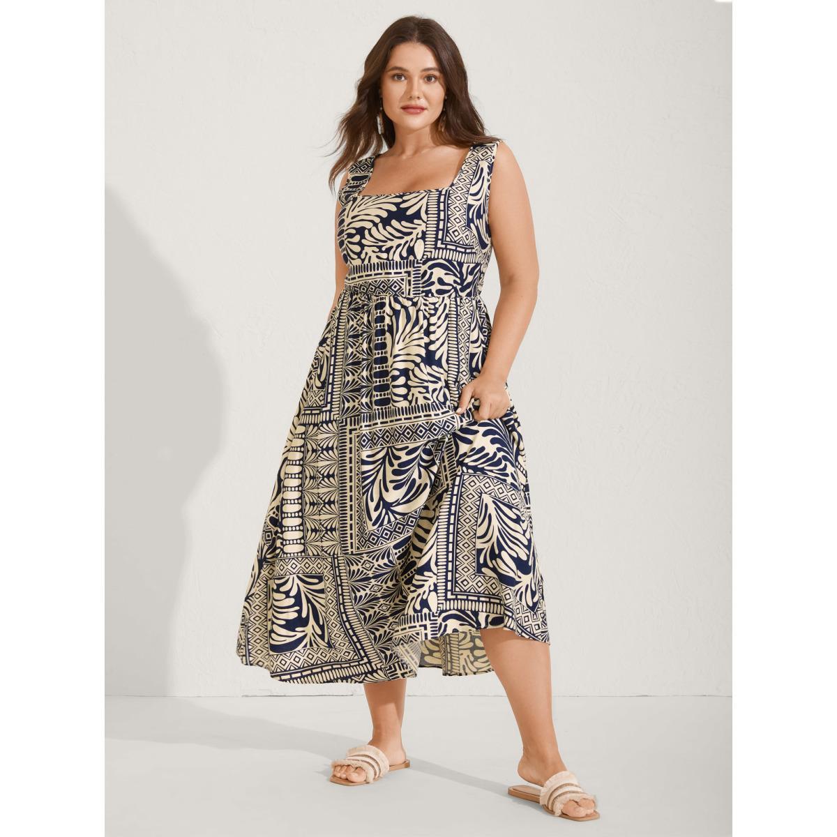 Plus Size Geometric Collage Print Pockets Midi Dress DarkBlue Women Square Neck Sleeveless Curvy BloomChic 18-20/2X Product Image