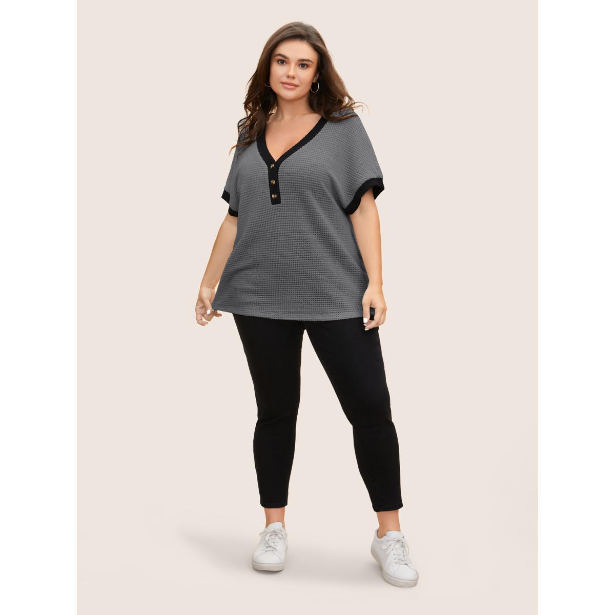 Plus Size V Neck Contrast Button Detail Knit T-shirt DimGray Women Casual Texture V-neck Everyday T-shirts BloomChic 14-16/1X Product Image