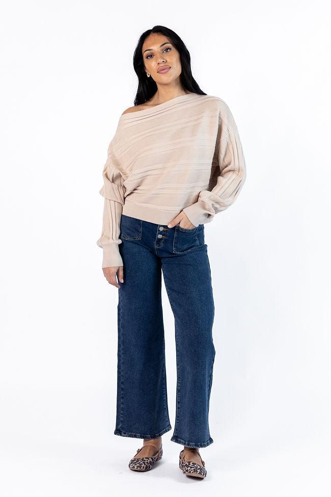 Feels Right Beige Off The Shoulder Ribbed Sweater Product Image