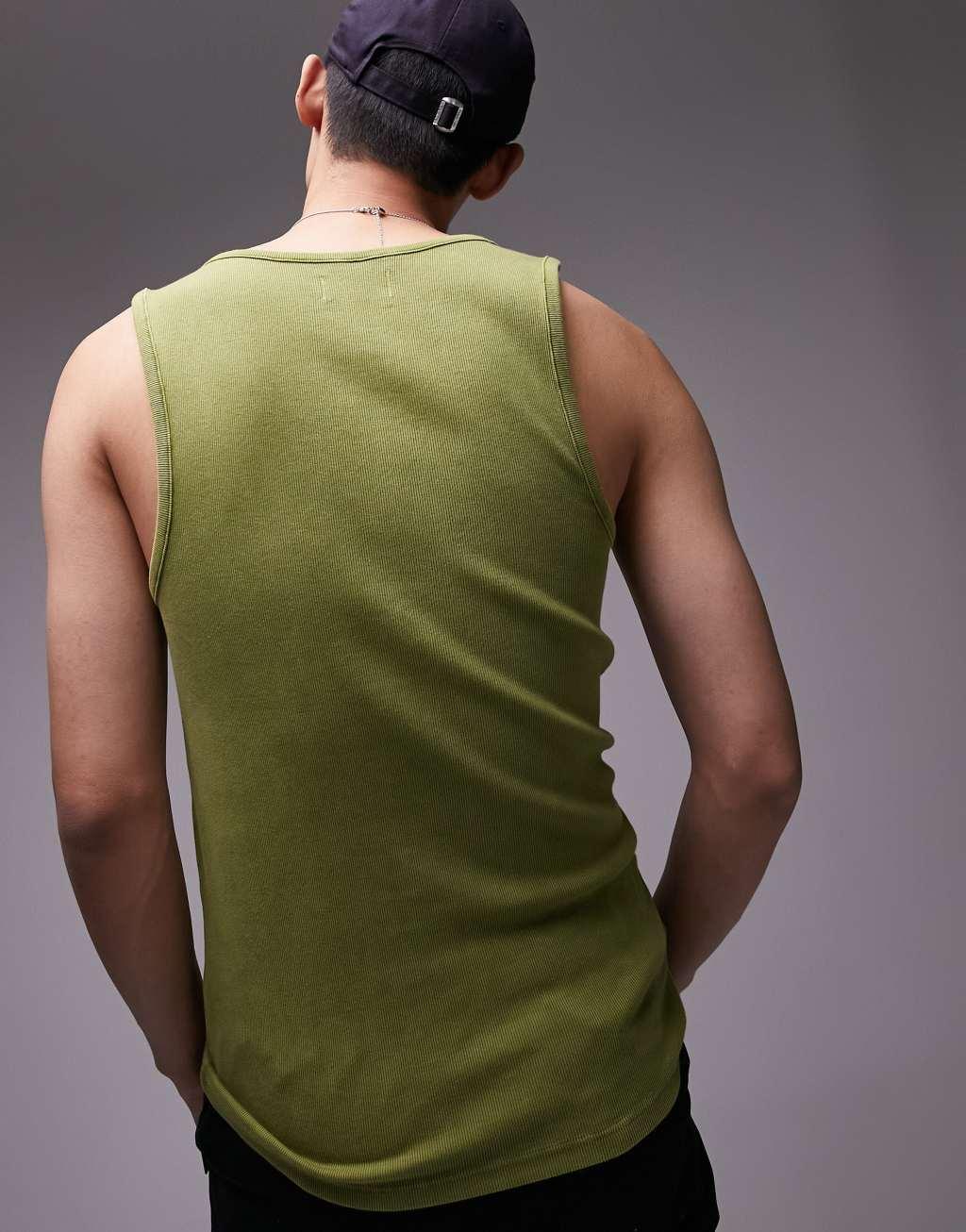 Topman ribbed tank top in washed green Product Image