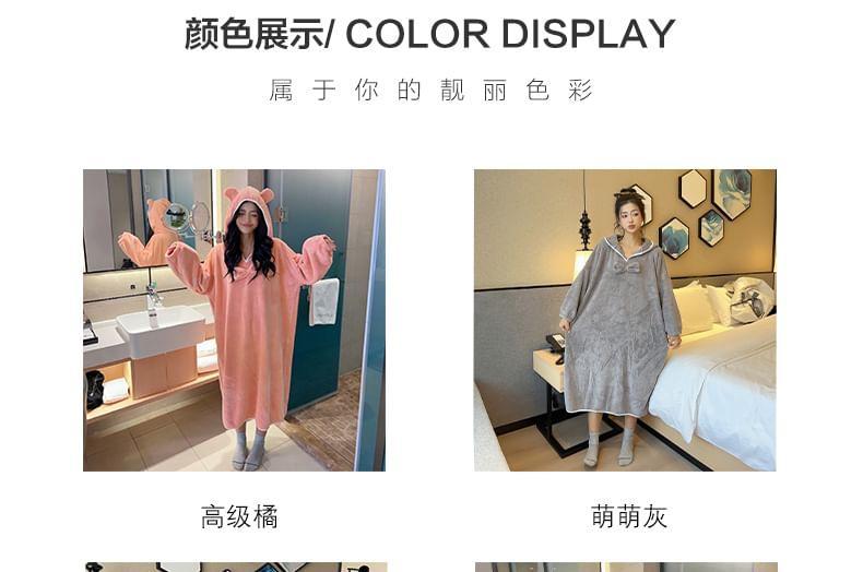 Long-Sleeve Bow Accent Hooded Fleece Midi Pajama Dress Product Image