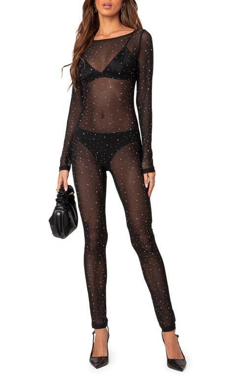 Womens Kristine sheer mesh rhinestone jumpsuit Product Image