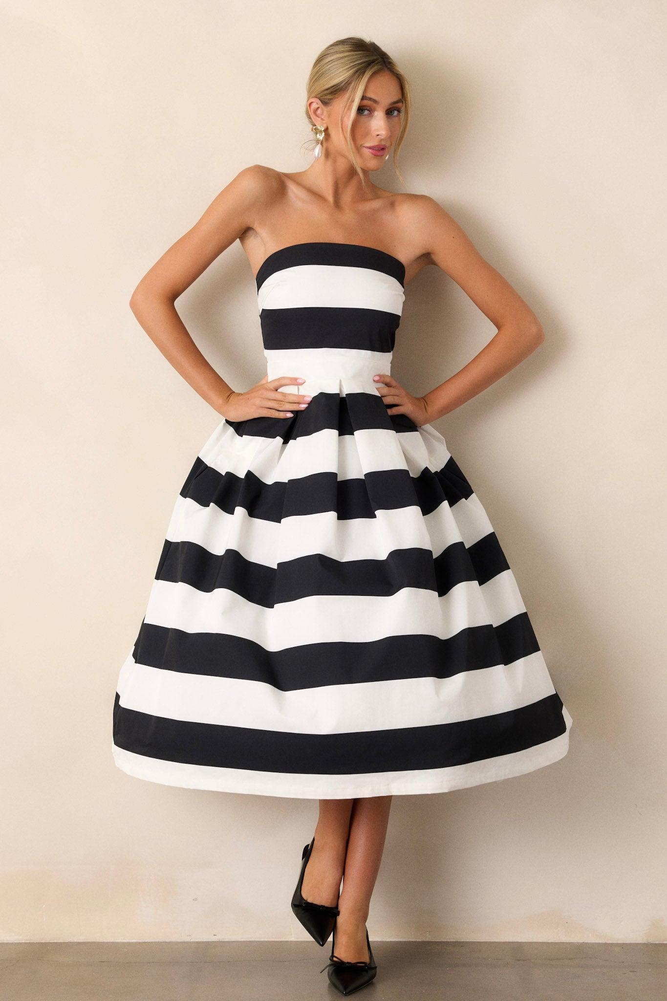 Crisp Contrast Black & White Stripe Strapless Midi Dress Product Image