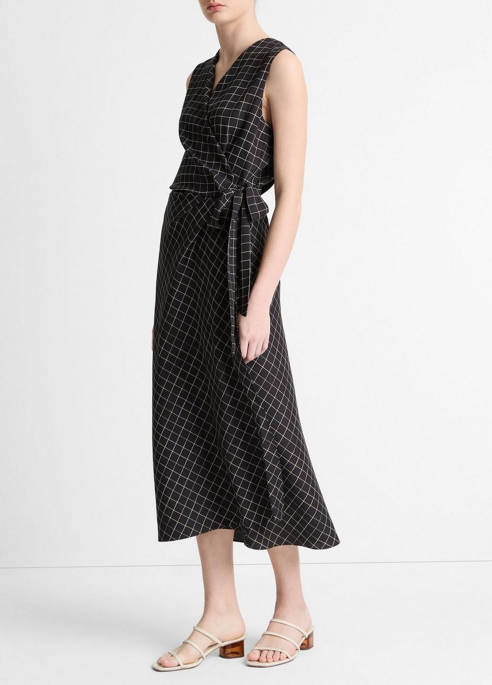 Trellis Plaid Draped Sleeveless Wrap Dress Product Image