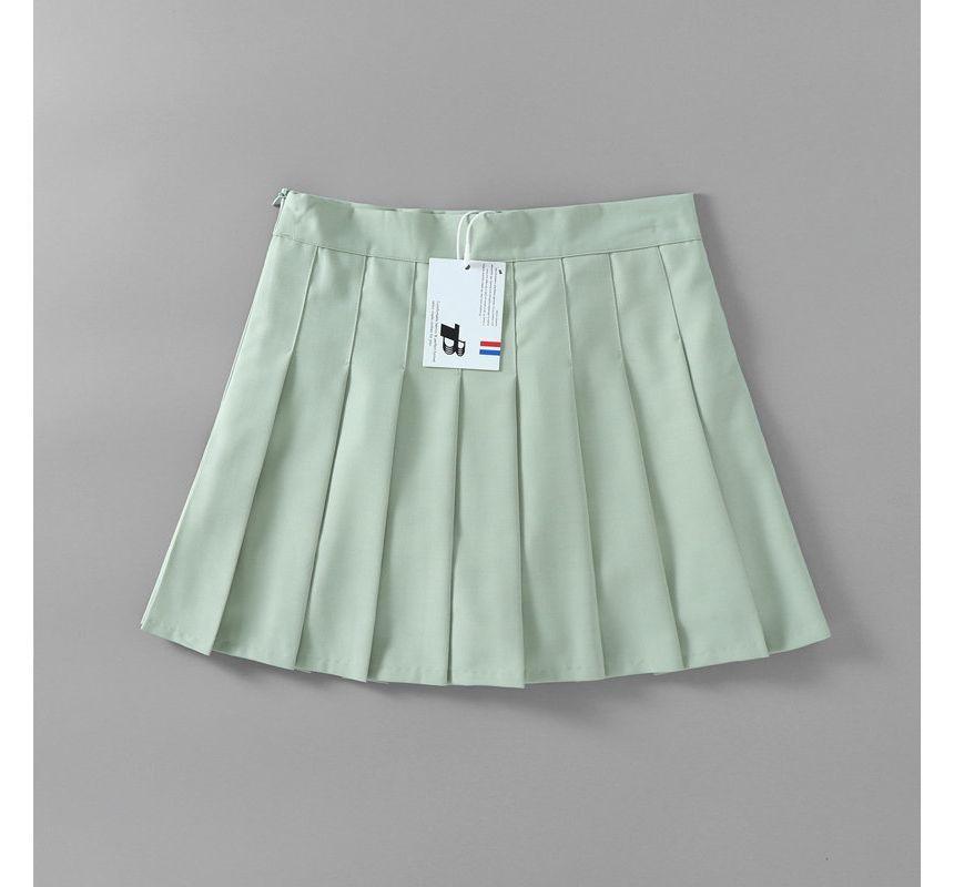 High Waist Plain Pleated Mini A-Line Skirt Product Image