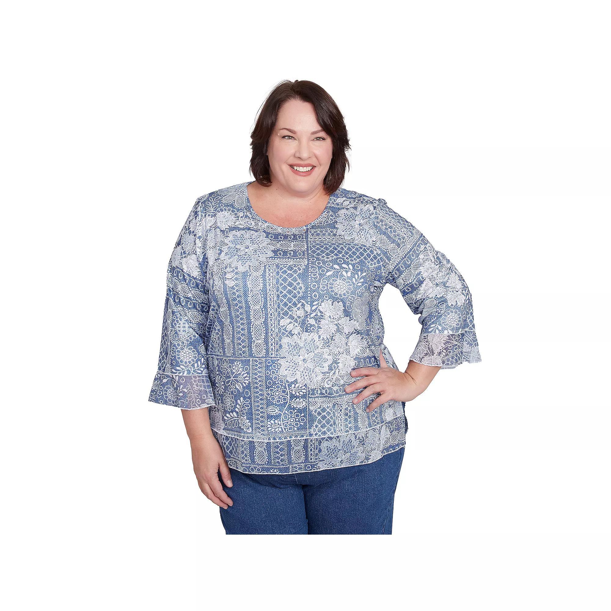 Plus Size Alfred Dunner Lacey Floral Patchwork Crew Neck Top, Women's, Size: 3XL, Blue Product Image
