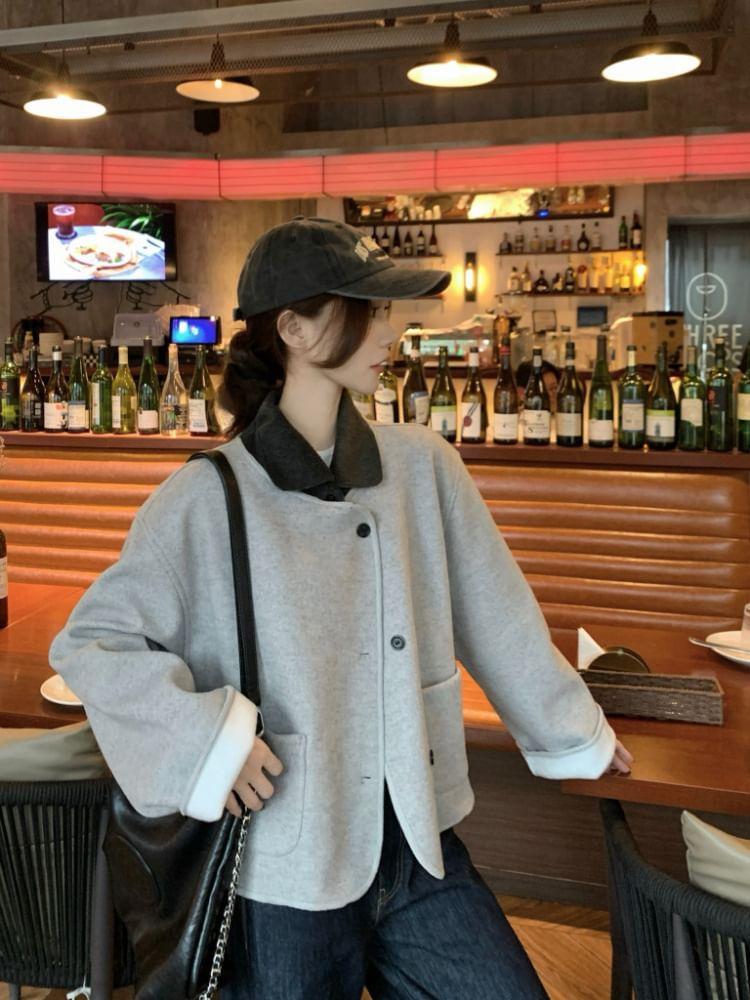 Round Neck Plain Button Jacket Product Image