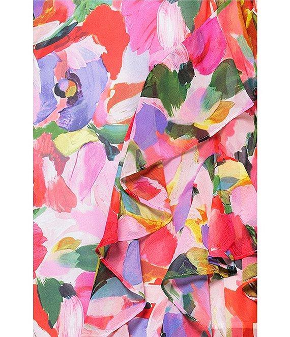 Betsy & Adam Chiffon Floral Print Halter Neck Sleeveless Pleated Ruffle A-Line Gown Product Image