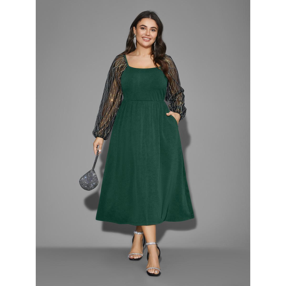 Plus Size Square Neck Patchwork Sequin Mesh Dress DarkGreen Women Cocktail Texture Party Curvy Bloomchic 10/M Product Image