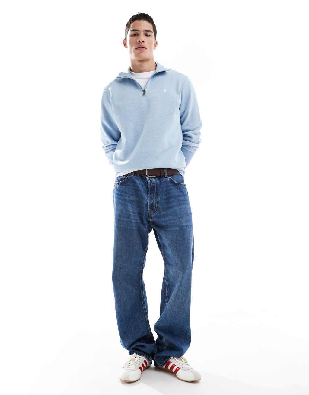 Polo Ralph Lauren icon logo double knit half zip sweatshirt in light heathered blue Product Image