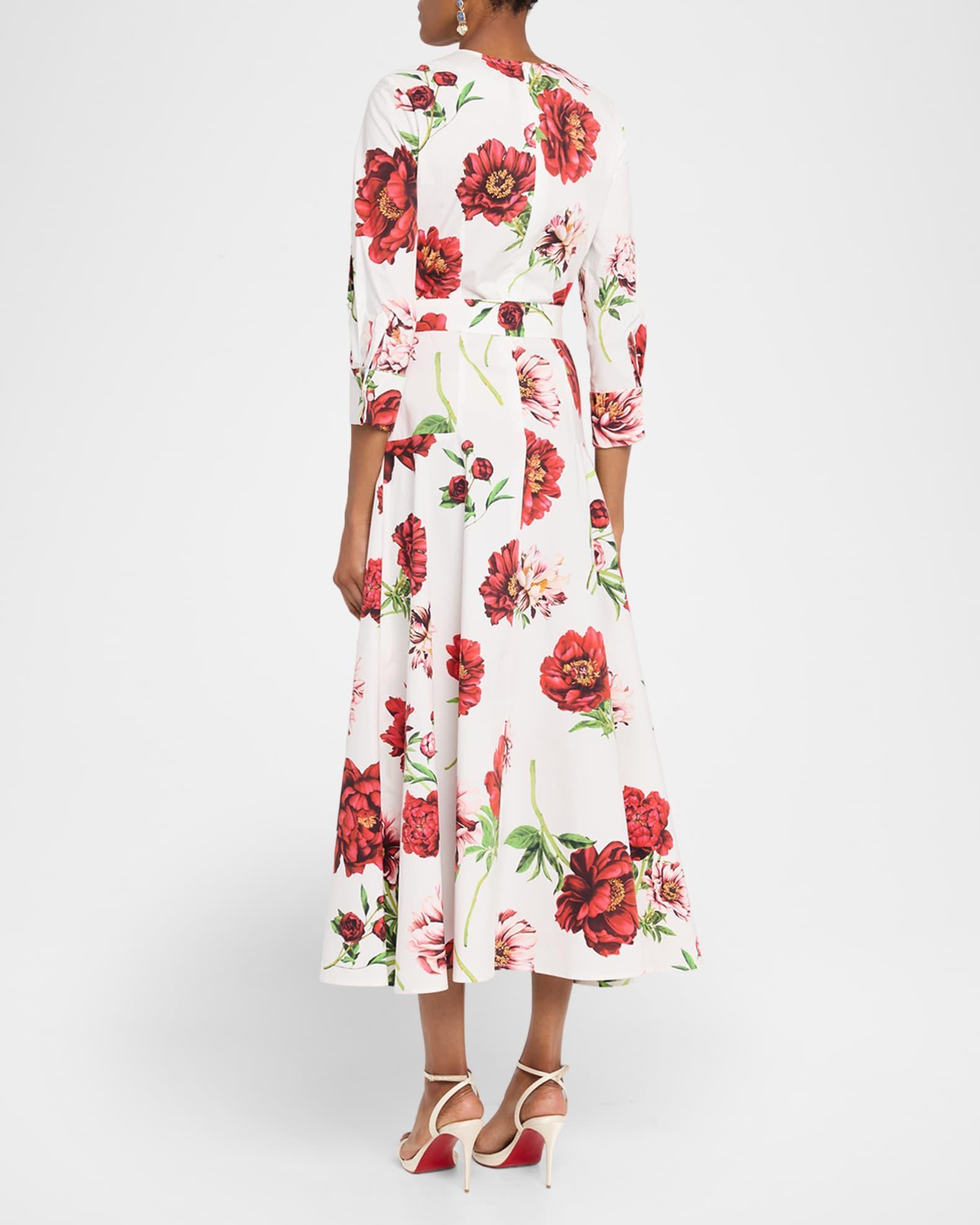 Peony-Print Poplin 3/4-Sleeve Midi Day Dress Product Image