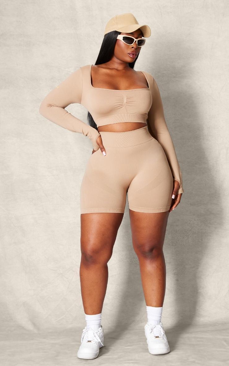 PLT SPORT Plus Light Mocha Seamless Contrast Branding Square Neck Top Product Image