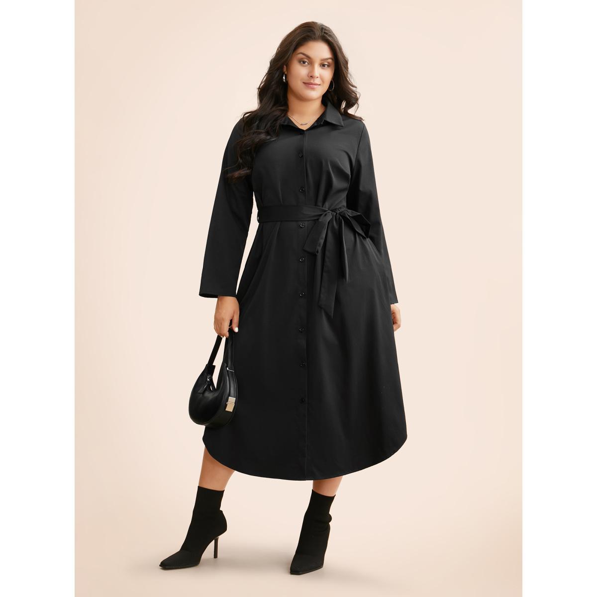 Plus Size Shirt Collar Curved Hem Midi Dress Black Women At the Office Belted Shirt collar Long Sleeve Curvy BloomChic 14-16/1X Product Image
