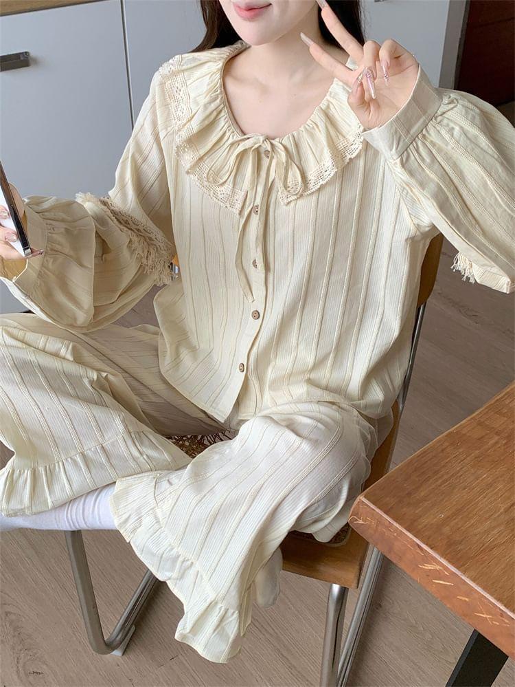 Pajama Set: Plain Lace Trim Shirt + Pants Product Image