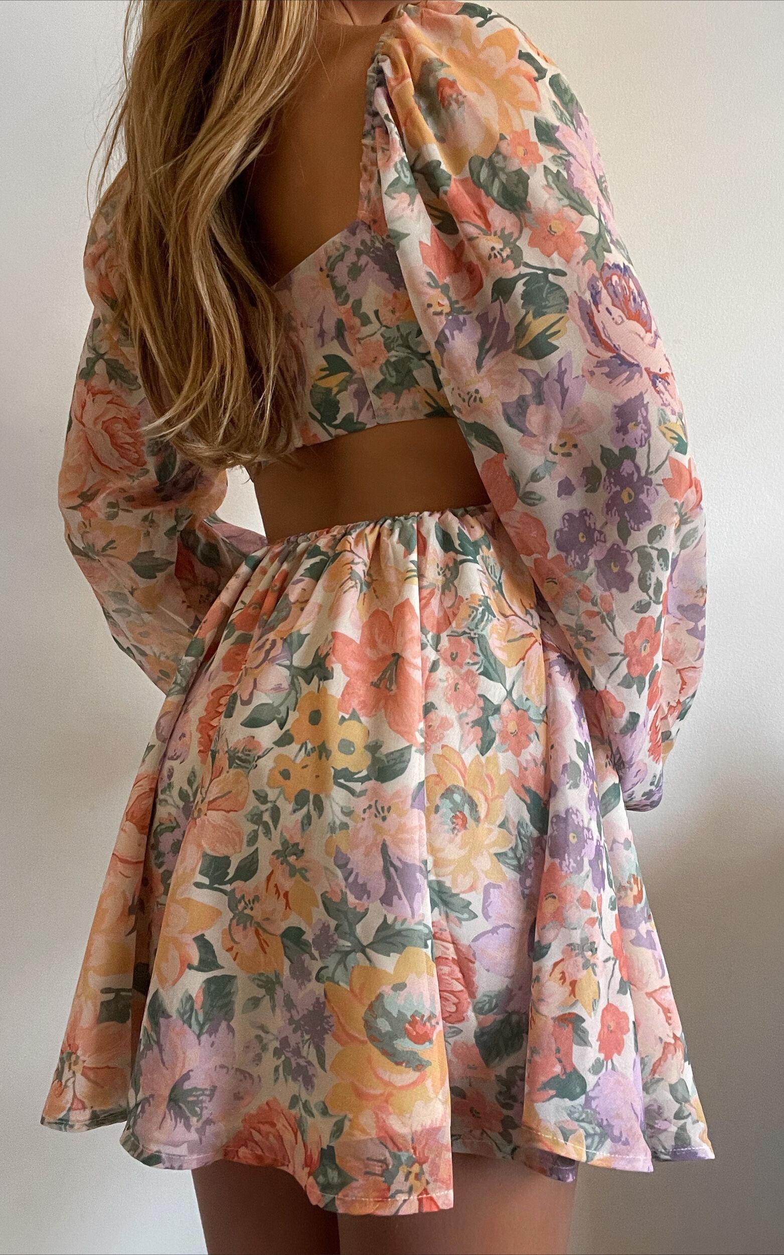 Ebonee Mini Dress - Puff Sleeve Cut Out Dress in Flower Crown Product Image