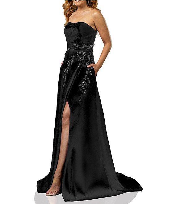 Terani Couture Strapless Ruched Satin Beaded Leaf A-Line Gown Product Image