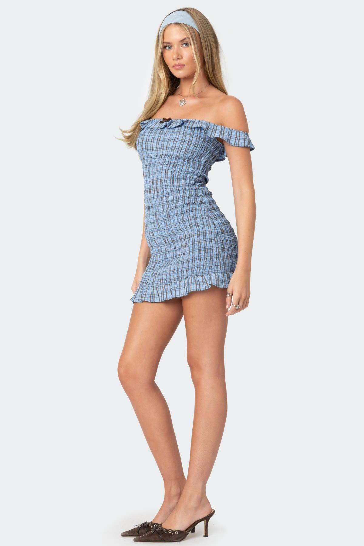 Off Shoulder Scrunched Plaid Mini Dress Product Image