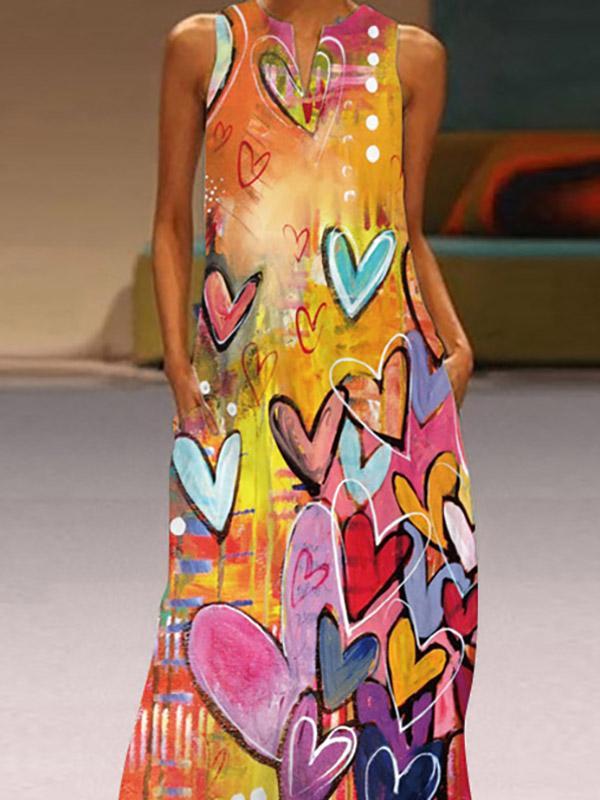 A-Line Loose Heart Print Round-Neck Maxi Dresses Product Image
