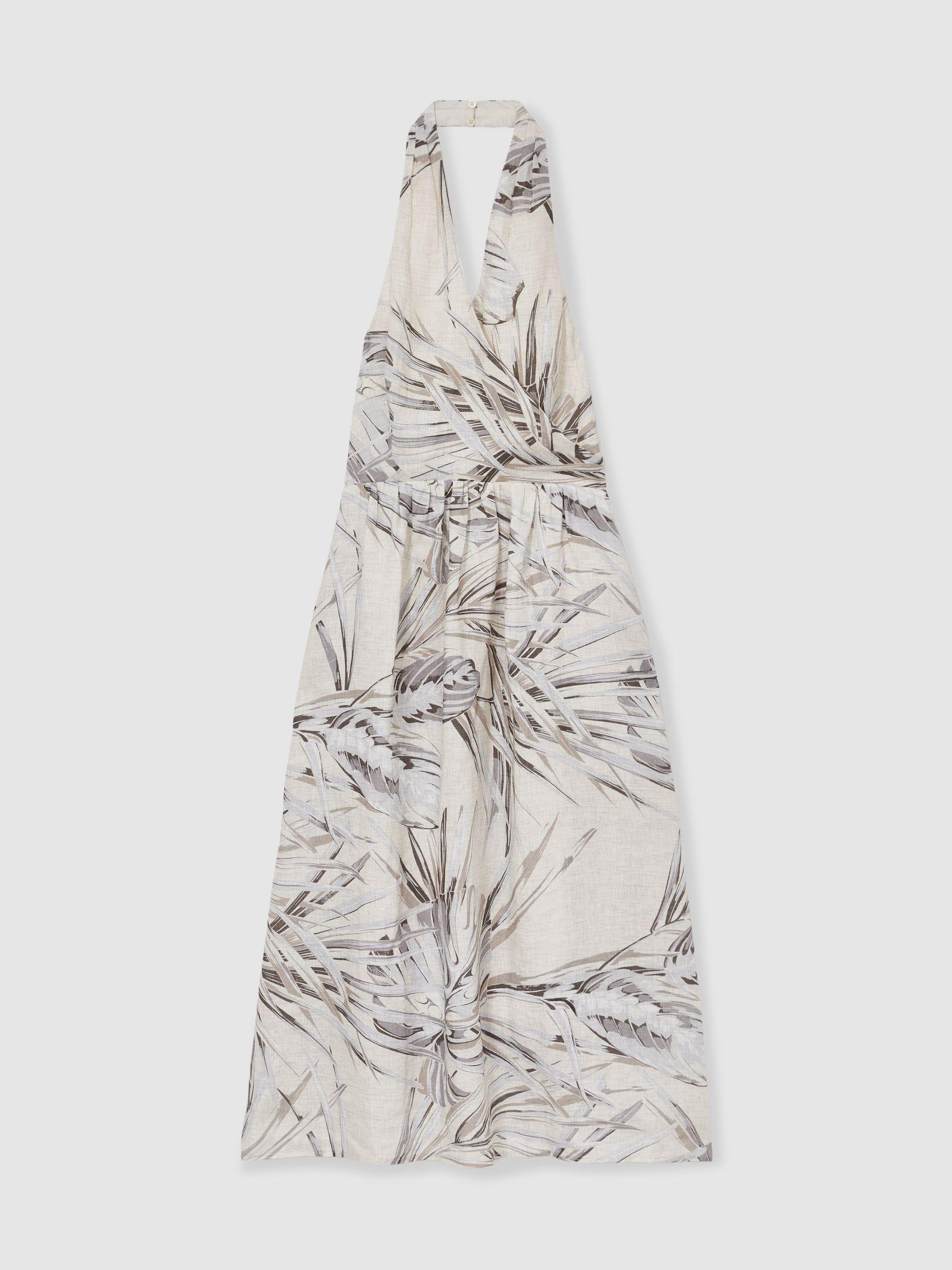 Petite Linen Palm Print Halterneck Midi Dress in Neutral Product Image