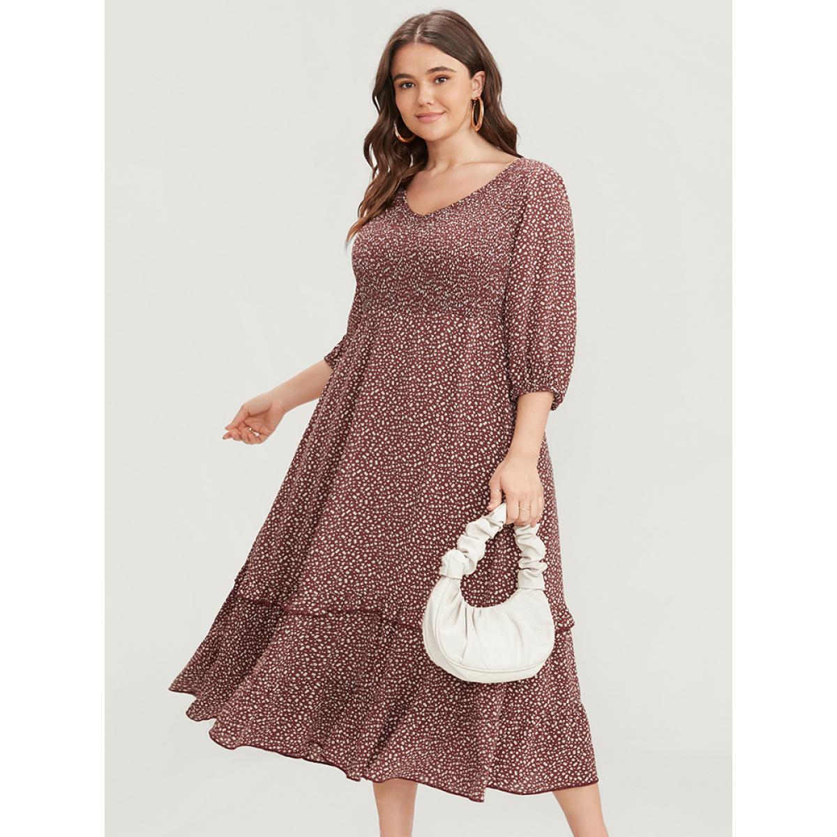 Plus Size Ditsy Floral V Neck Shirred Pocket Ruffle Hem Dress Russet Women Elegant Elastic Waist V-neck Elbow-length sleeve Curvy Midi Dress BloomChic 10/M Product Image