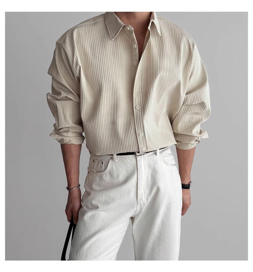 Long-Sleeve Collared Plain Button Up Shirt Product Image